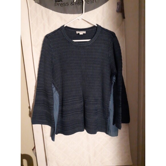 Coldwater Creek top LARGE Blue Textured Knit Contrast Trim Pullover Sweater L - Picture 1 of 8